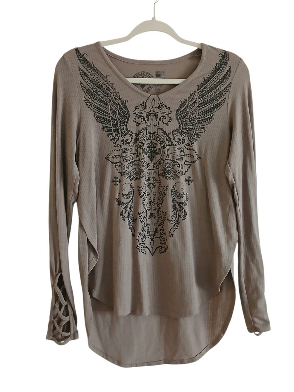 AFFLICTION Y2K Long Sleeve Graphic Cross Wings Ribbed Tunic Women's M Brown